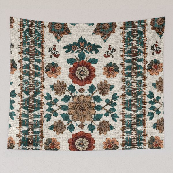 Item preview, folk art-inspired patterns, including flowers and geometric shapes in earthy tones on a cream background, with a vintage look and boho style. Highly detailed, flat illustration in a vintage style. designed and sold by thewandswant.