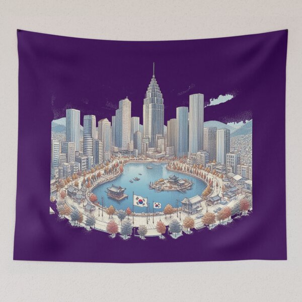 Item preview, Sokcho Lake 3D Panorama with Skyscrapers and Taegeukgi, designed and sold by PaintMeWorld.
