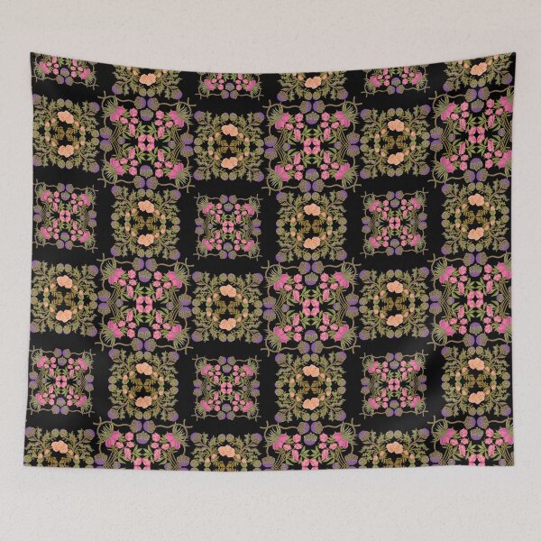 Item preview, Seamless bright watercolor pattern with pink and purple flowers on a black background designed and sold by Grin Katalina Floral Patterns & Cozy Art.