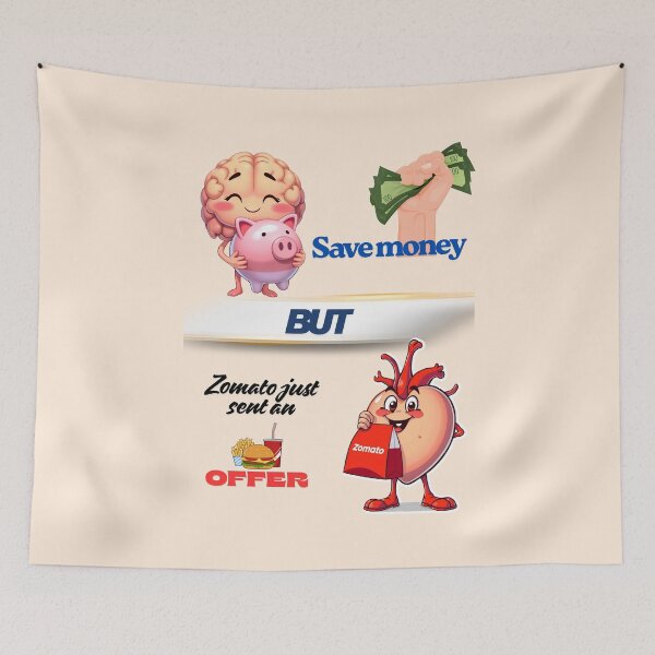 Item preview, Brain vs Heart – Save Money vs Zomato Offer Funny Poster designed and sold by Red White Blue Studio.
