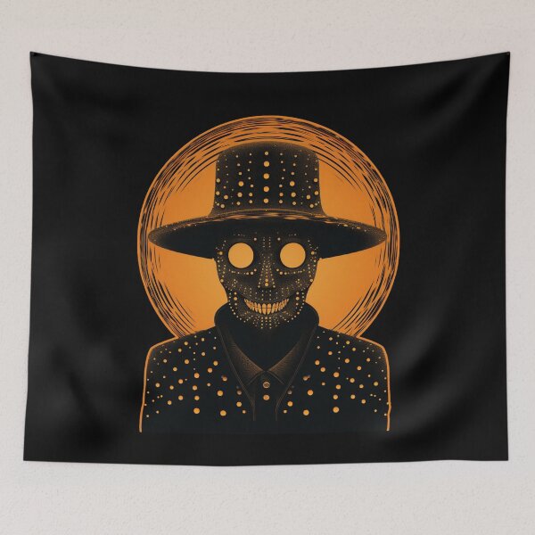 Item preview, Black and Orange Skeleton wearing hat Horror for Halloween designed and sold by TheTrendsDesk.