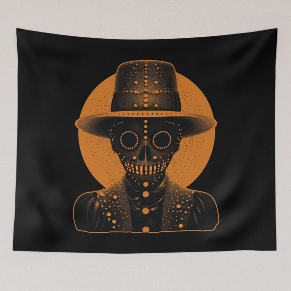 Item preview, Orange Skeleton like head wearing a hat Horror for Halloween designed and sold by TheTrendsDesk.