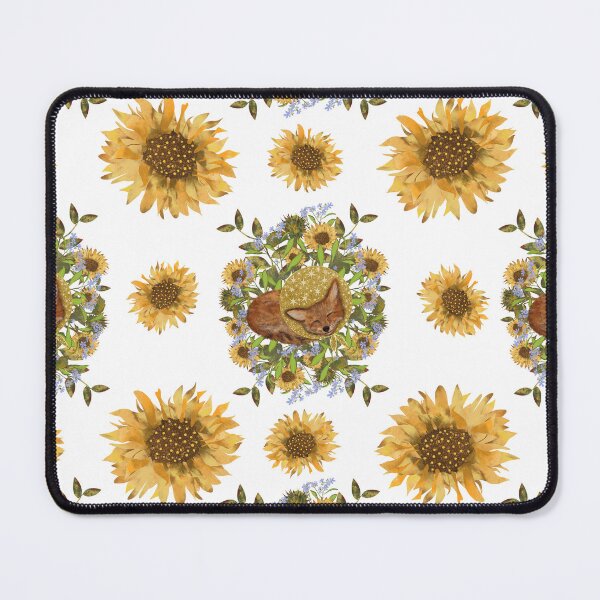 Item preview, Watercolor full-length fluffy fox against a background of sunflowers and other flowers. Illustration with fox designed and sold by Grin Katalina Floral Patterns & Cozy Art.