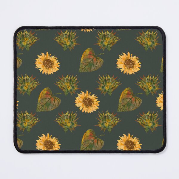 Item preview, Botanical seamless pattern with flowers and sunflower leaves on green background. Bright floral contrast pattern painted by hand. designed and sold by Grin Katalina Floral Patterns & Cozy Art.