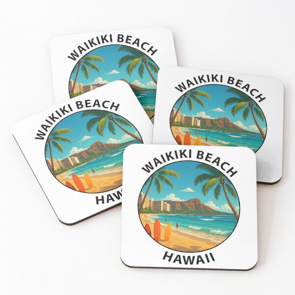 Artikelvorschau, Waikiki Beach Hawaii Reiseposter – Tropischer Sonnenuntergang & Surfszene USA entworfen und verkauft von inkNext.