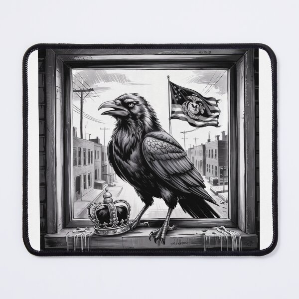 Item preview, a raven perched on a weathered windowsill. Behind, the American Marine Corps flag. designed and sold by T-MOODY.