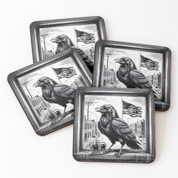 Item preview, a raven perched on a weathered windowsill. Behind, the American Marine Corps flag. designed and sold by T-MOODY.