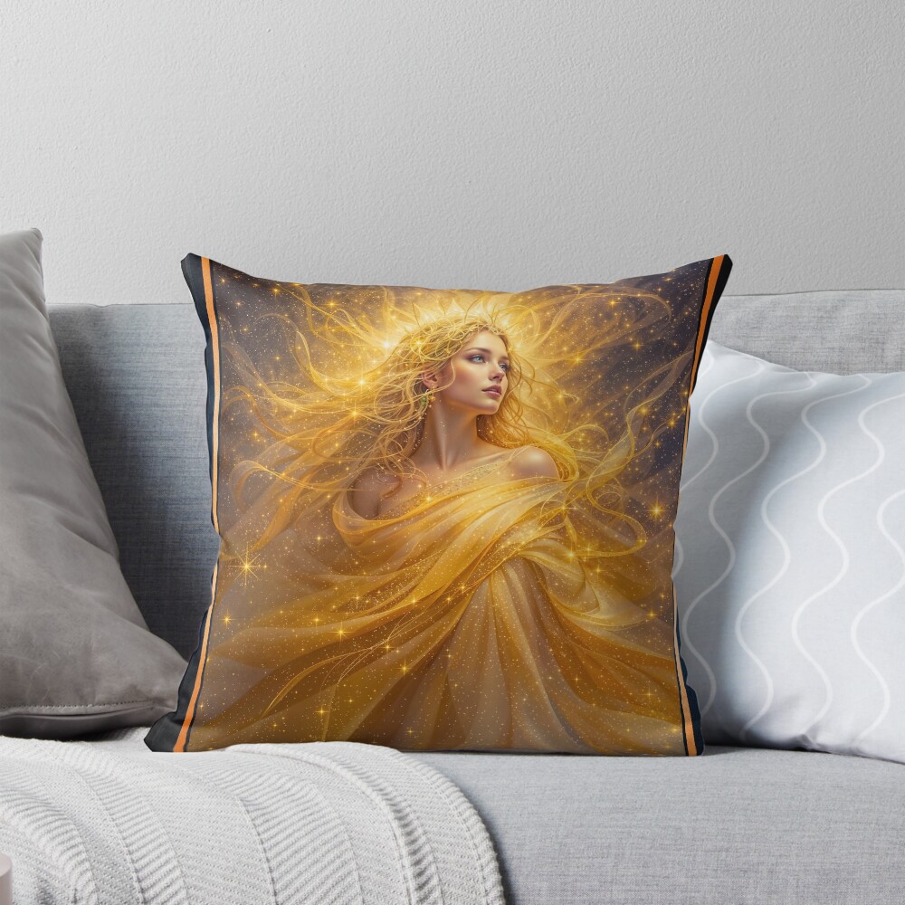 Golden Realm Portrait Of The Golden Goddess Asteria Volante Stunning AI Concept Art by Xzendor7 Decorative Art Print Throw Pillow