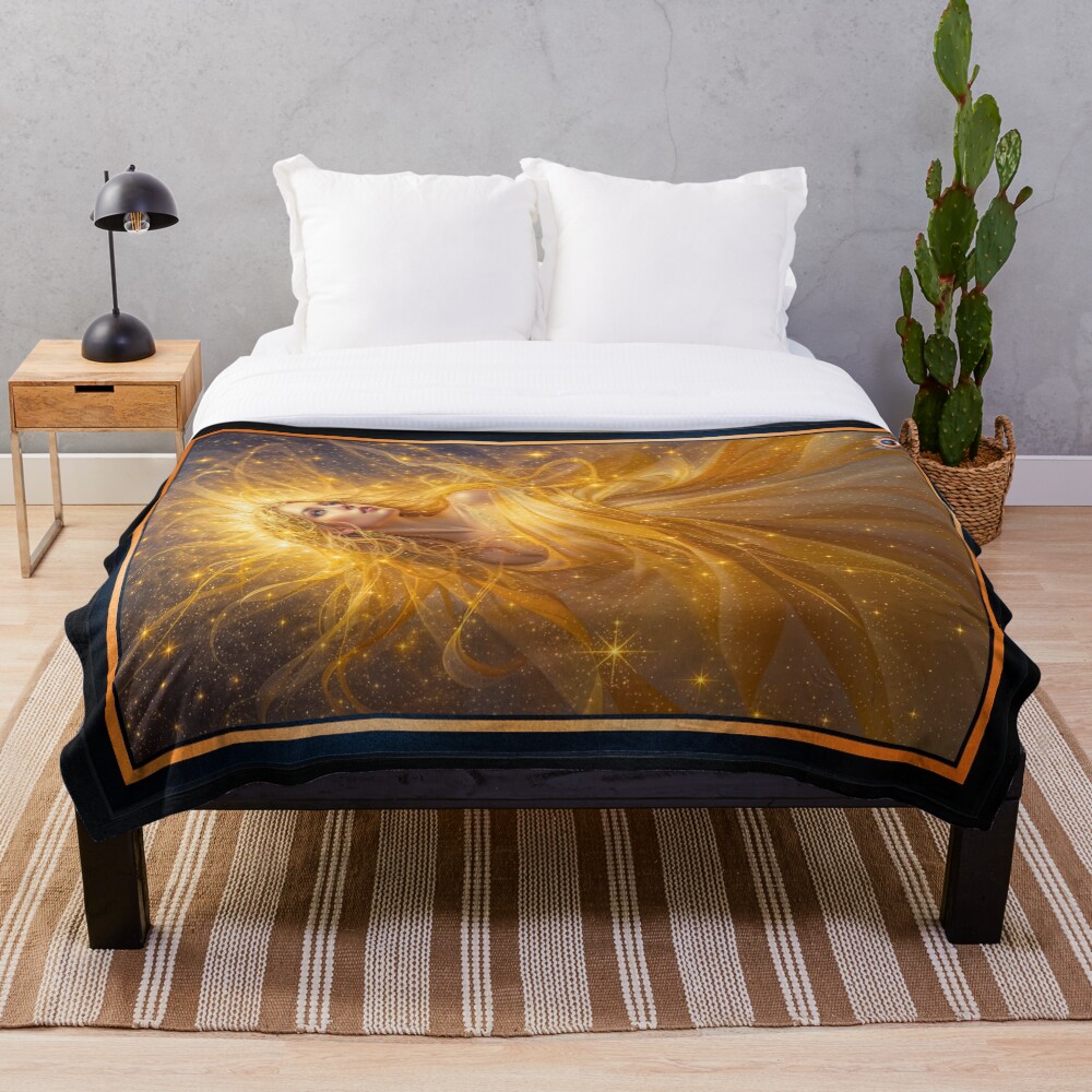 Golden Realm Portrait Of The Golden Goddess Asteria Volante Stunning AI Concept Art by Xzendor7 Decorative Art Print Throw Blanket