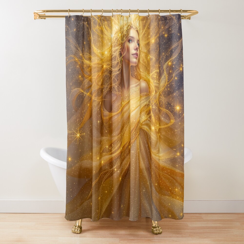 Golden Realm Portrait Of The Golden Goddess Asteria Volante Stunning AI Concept Art by Xzendor7 Decorative Art Print Shower Curtain