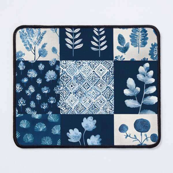 Item preview, Indigo blue botanical and geometric patchwork pattern designed and sold by DaisyDogDesign.