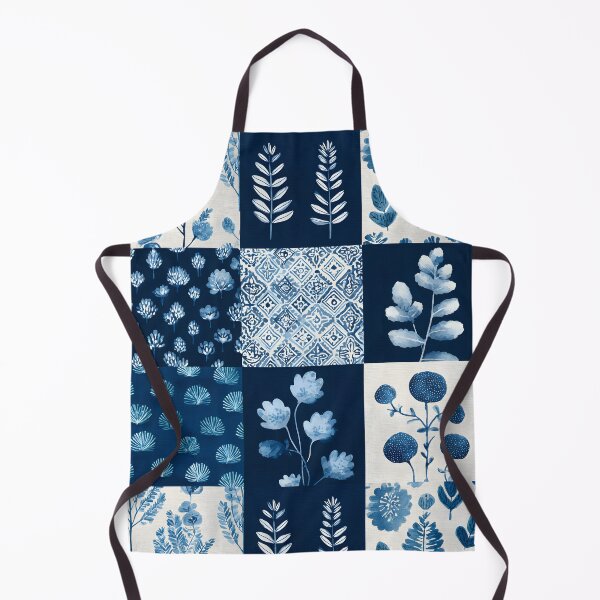 Item preview, Indigo blue botanical and geometric patchwork pattern designed and sold by DaisyDogDesign.