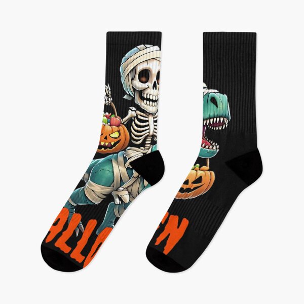 Item preview, Halloween Skeleton Mummy Riding T-Rex with Pumpkins designed and sold by The-Daily-Drape.