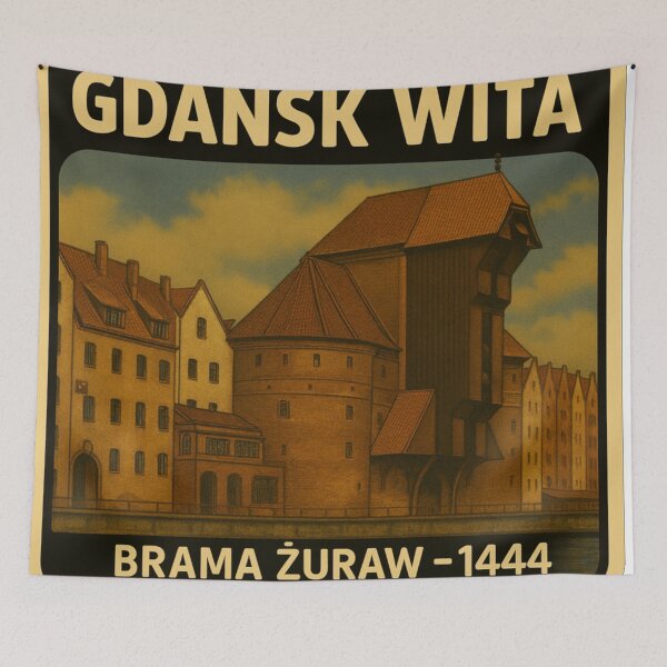 Item preview, Welcome to Gdańsk – Crane Gate 1444 (Retro Poster) designed and sold by Boldolka.