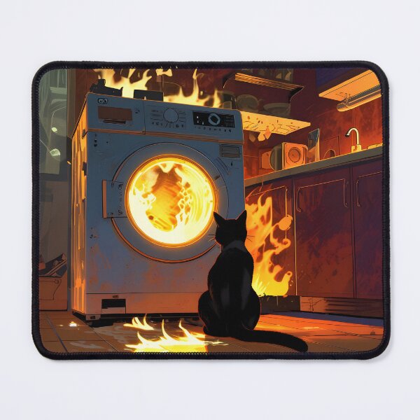 Item preview, Black cat looking at a burning washing machine designed and sold by Ledsor.