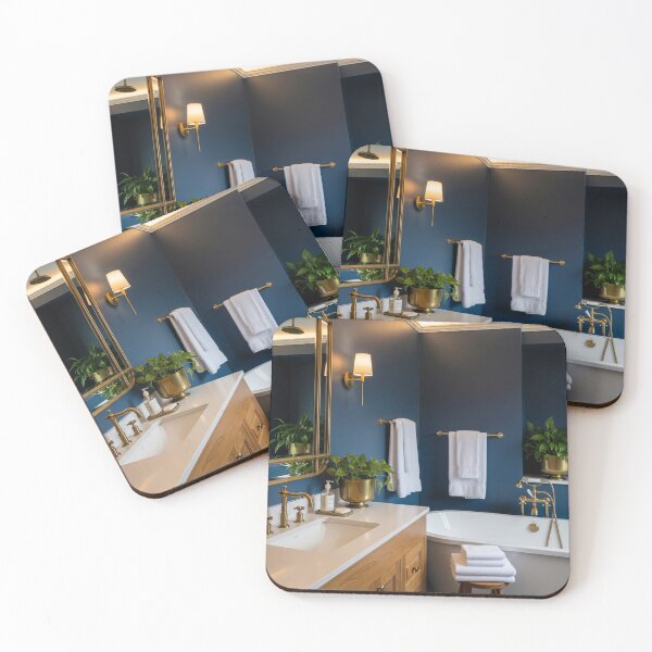 Item preview, Cozy Navy Blue Bathroom with Elegant Brass and Wood Accents designed and sold by Jade Ado.