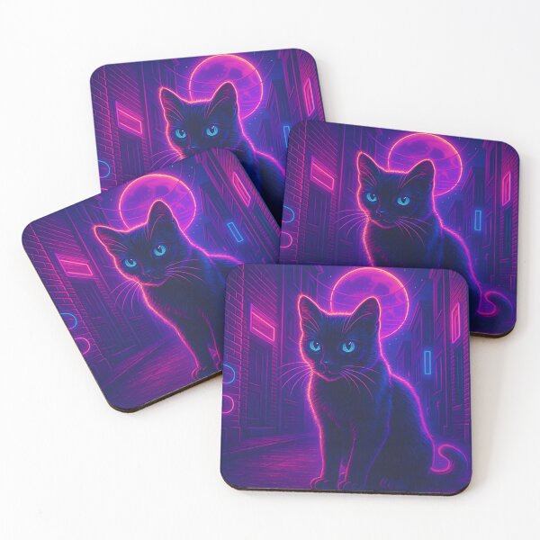 Item preview, Neon Synthwave Black Cat Under Moonlit City Glow designed and sold by JWsNeonHorizons.