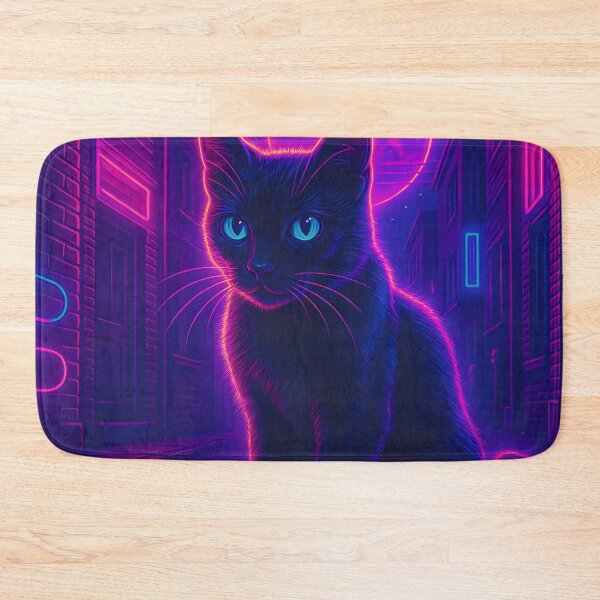 Item preview, Neon Synthwave Black Cat Under Moonlit City Glow designed and sold by JWsNeonHorizons.