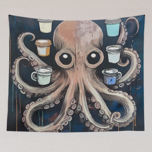 Item preview, Funny octopus drinking multiple cups of coffee designed and sold by Boxing Kangaroo Retail Company.