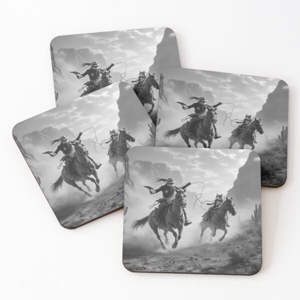 Item preview, Cowboy Cats Riding Horse, Hyper Realistic Western Sunset Scene, Cinematic Wild West Canyon Artwork, Fantasy Cowboy Animal Design designed and sold by KaryaVisionSTR.