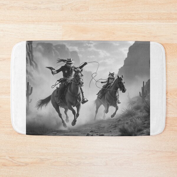 Item preview, Cowboy Cats Riding Horse, Hyper Realistic Western Sunset Scene, Cinematic Wild West Canyon Artwork, Fantasy Cowboy Animal Design designed and sold by KaryaVisionSTR.