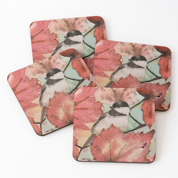 Item preview, Watercolor of chickadee in a fall setting designed and sold by BirdsandMoreArt.