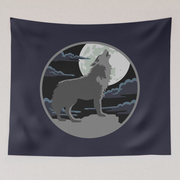 Aperçu de l'œuvre Ciel nocturne rustique bleu gris loup hurlant lune créée et vendue par TackyTime.