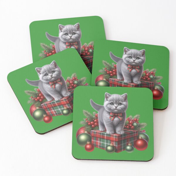 Item preview, British Shorthair Grey kitten standing on plaid wrapped Christmas present designed and sold by BritishDelights.