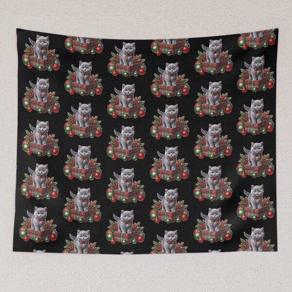 Item preview, British Shorthair Grey kitten standing on plaid wrapped Christmas present designed and sold by BritishDelights.