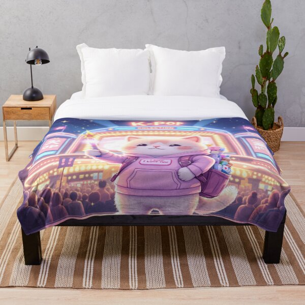 Aperçu de l'œuvre Art de chat K-Pop kawaii pastel – Illustration de chat fan mignon avec bâton lumineux, scène de concert nocturne, autocollant esthétique et design d'affiche créée et vendue par KaryaVisionSTR.