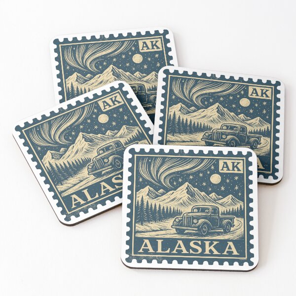 Item preview, Alaska Vintage Stamp Truck Adventure, Northern Lights & Mountains designed and sold by Automotive Art by Greg.