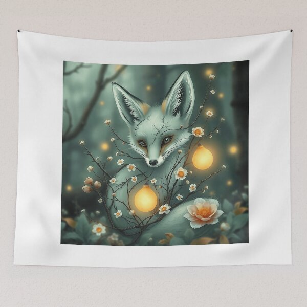 Item preview, Mint Green Fox with Twigs and Flowers designed and sold by sharon1210.