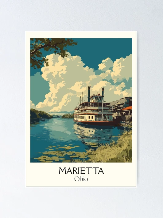 ヴィンテージポスター/ MORABITO Marietta Ohio Vintage Travel Art | Ohio River Sternwheeler Design