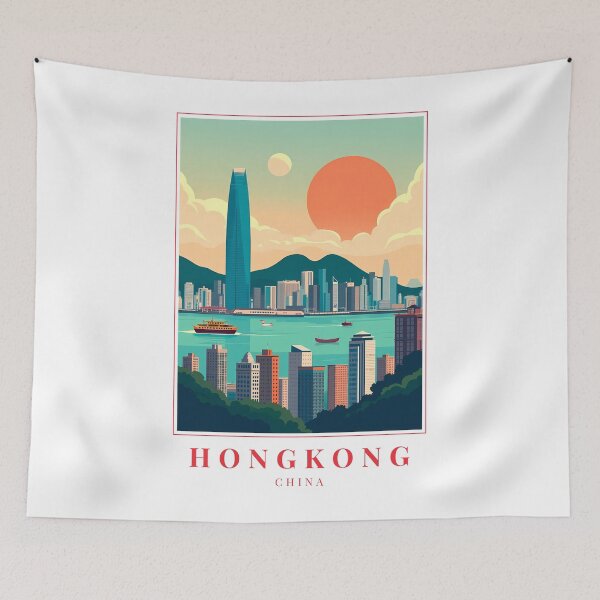 Item preview, Hong Kong China Illustration – Victoria Harbour, Neon Nights & Urban Zen designed and sold by MapMyMiles.