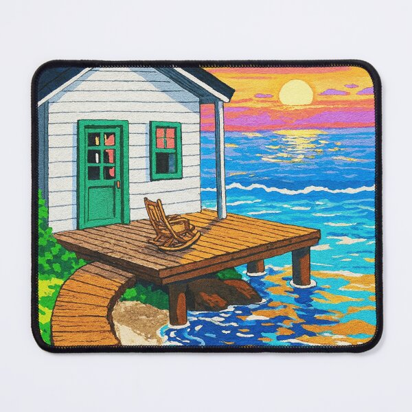 Item preview, Lakeside Cabin Sunset Painting – Cozy Dock by the Water designed and sold by HerSteps.