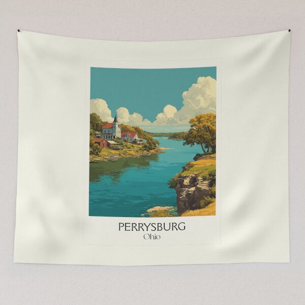 Item preview, Perrysburg Ohio Vintage Travel Art | Maumee River Town Illustration designed and sold by TuncGK.