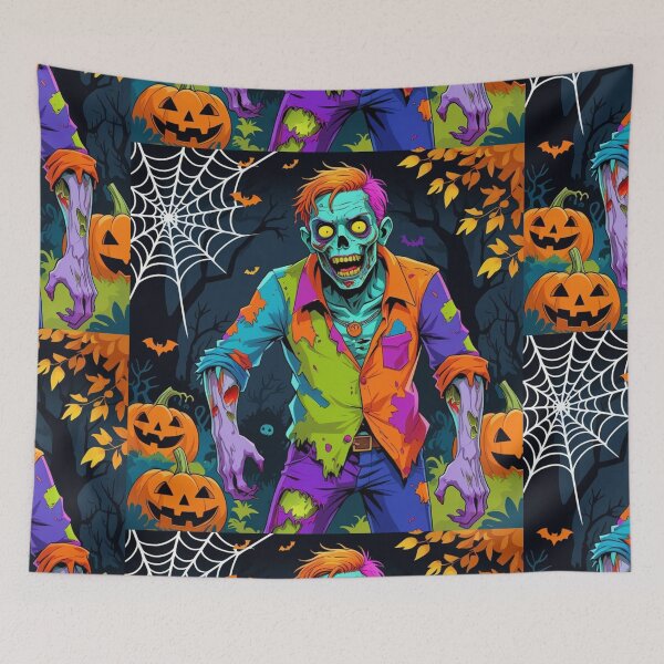 Item preview, Zombie Halloween Night with Pumpkins and Webs designed and sold by ArtBySylvia.