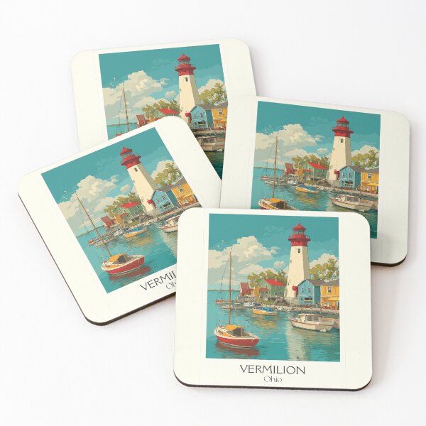 Item preview, Vermilion Ohio Retro Travel Art | Quaint Harbor Town & Lighthouse designed and sold by TuncGK.