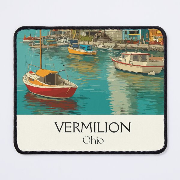 Item preview, Vermilion Ohio Retro Travel Art | Quaint Harbor Town & Lighthouse designed and sold by TuncGK.