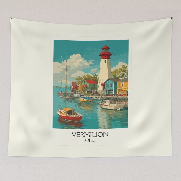 Item preview, Vermilion Ohio Retro Travel Art | Quaint Harbor Town & Lighthouse designed and sold by TuncGK.
