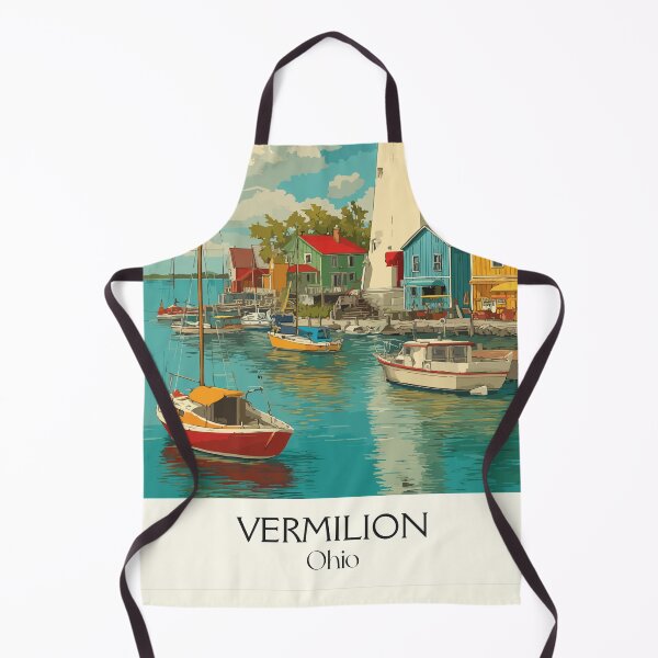 Item preview, Vermilion Ohio Retro Travel Art | Quaint Harbor Town & Lighthouse designed and sold by TuncGK.