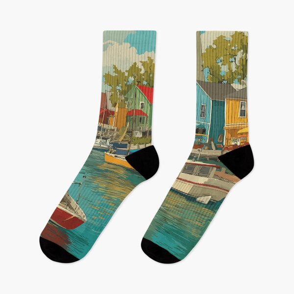 Item preview, Vermilion Ohio Retro Travel Art | Quaint Harbor Town & Lighthouse designed and sold by TuncGK.