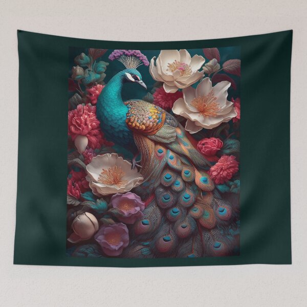 Item preview, Beautiful Peacock Surrounded by Flowers designed and sold by FlosArtPrintShop.