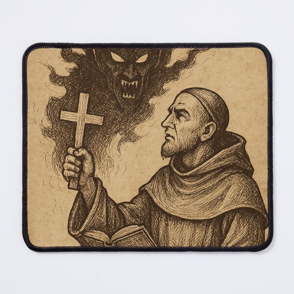 Item preview, Medieval Monk Exorcising Demon Vintage Illustration designed and sold by photoparadise22.