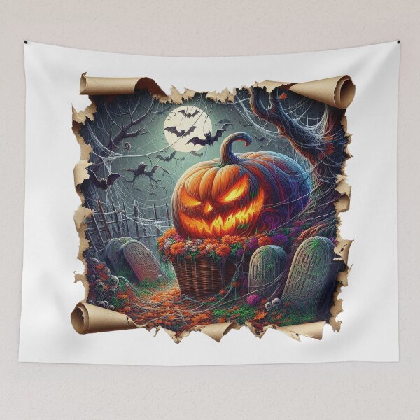 Item preview, Big fire pumpkin sitting on basket with flowers in cemetery designed and sold by MadinaFatt.