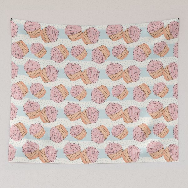 Item preview, Cupcake Pattern – Cute Hand-Drawn Pink Frosting Cupcakes on Blue designed and sold by AniaMartaArt.