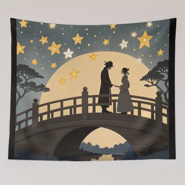 Item preview, Origami Style Qixi Festival Lovers on Magpie Bridge – Romantic Starry Night Illustration designed and sold by VividOrganica.