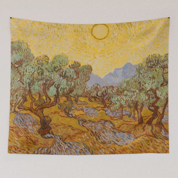 Aperçu de l'œuvre Oliviers avec ciel jaune et soleil de Vincent Van Gogh créée et vendue par antiqueart.