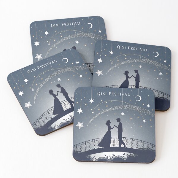 Item preview, Minimalist Qixi Festival Line Art – Lovers on Starry Bridge Illustration designed and sold by VividOrganica.