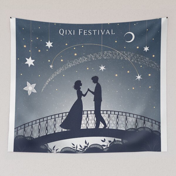 Item preview, Minimalist Qixi Festival Line Art – Lovers on Starry Bridge Illustration designed and sold by VividOrganica.